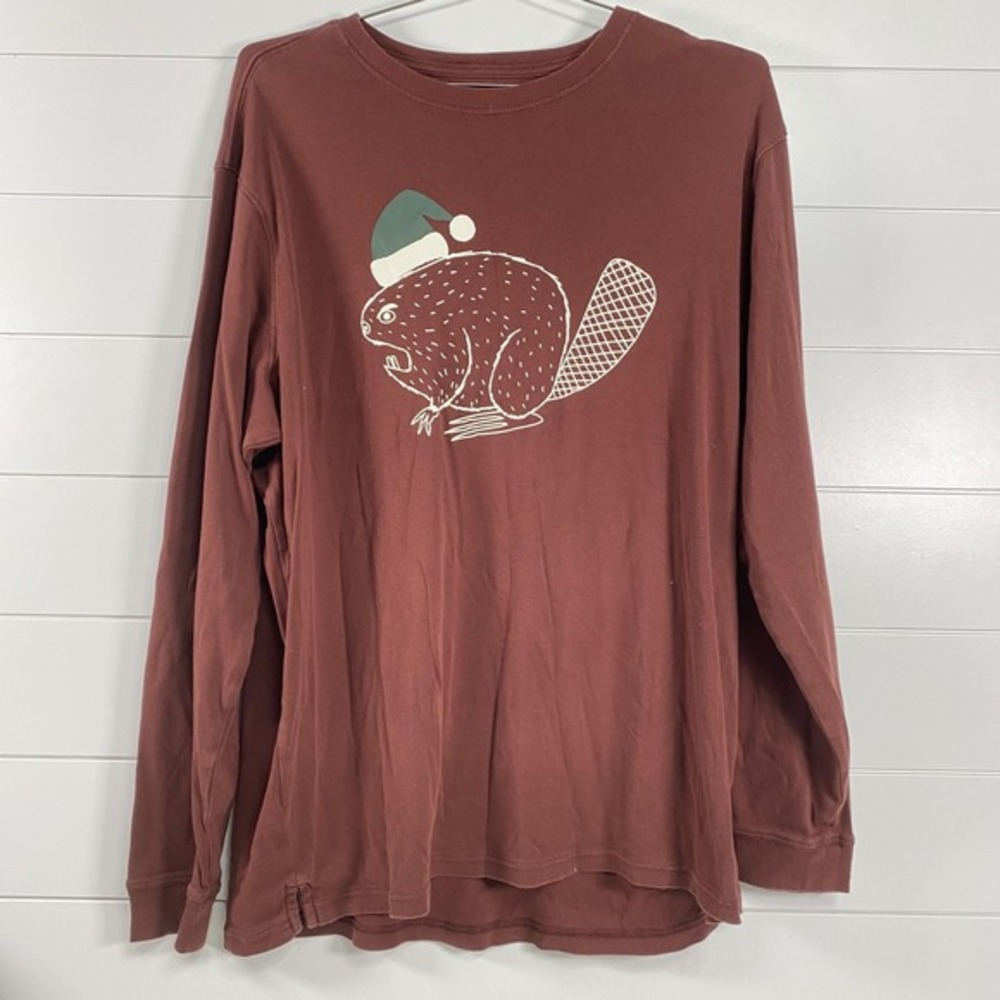 Duluth Trading Co Shirt Mens Extra Large Rust‎ Long Sleeve Beaver Santa Graphic